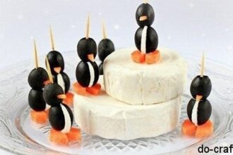 Пингвины из овощей, оливок или маслин и сыра